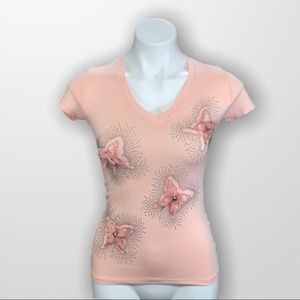 FIDELITY Pink Butterfly V Neck Short Sleeve Tee Mesh Back